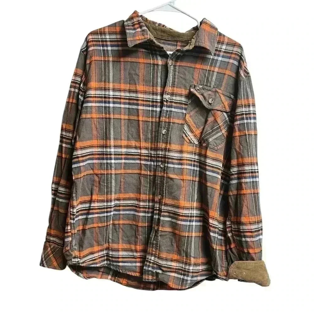 CQR Men's Flannel Shirt Brown Orange Long Sleeve Button Up Size Large